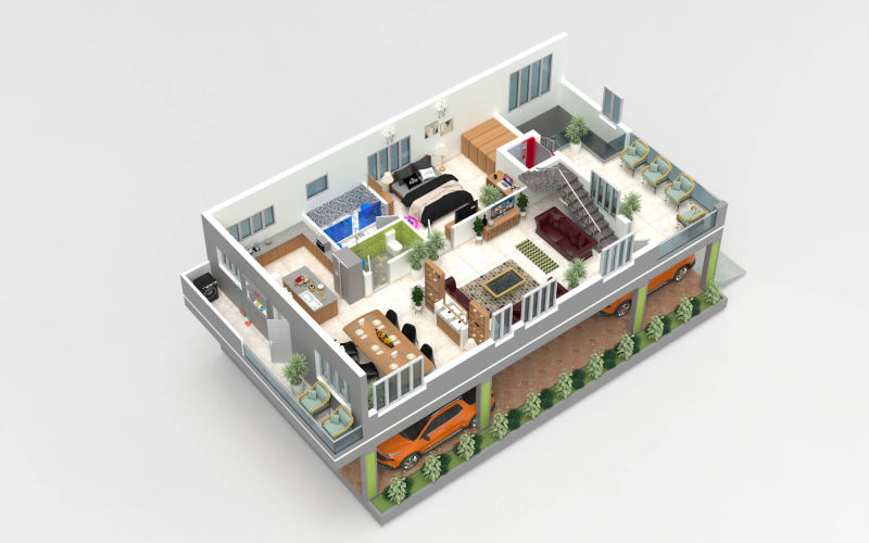 Duplex Residential Building 3D Vasthu Floor Plan